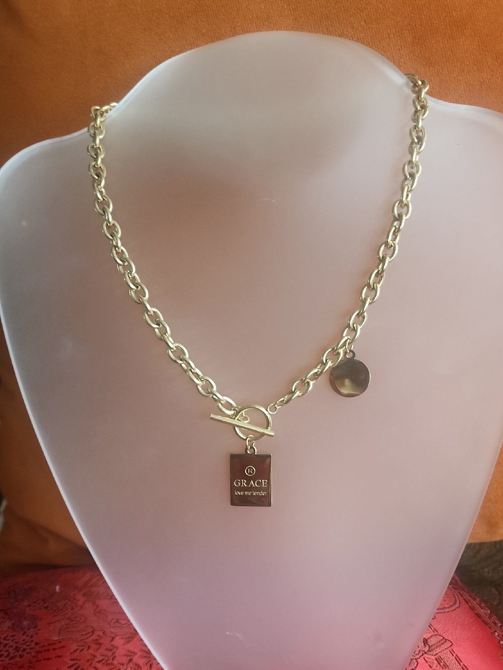 Grace Gold Chain Necklace with Logo Tag and Round Charm